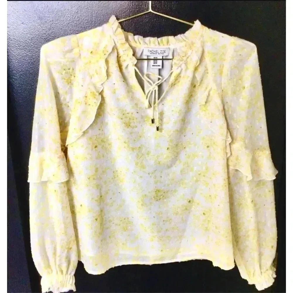 Rachel Zoe Womens Yellow Long‎ Sleeve Floral Ruffle Trim Blouse Size XS